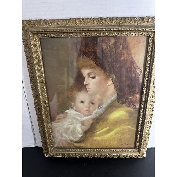 Vintage Gold Framed A.Fenti Pini Print signed Portrait Of Mother & Child Marked - Picture 4 of 13